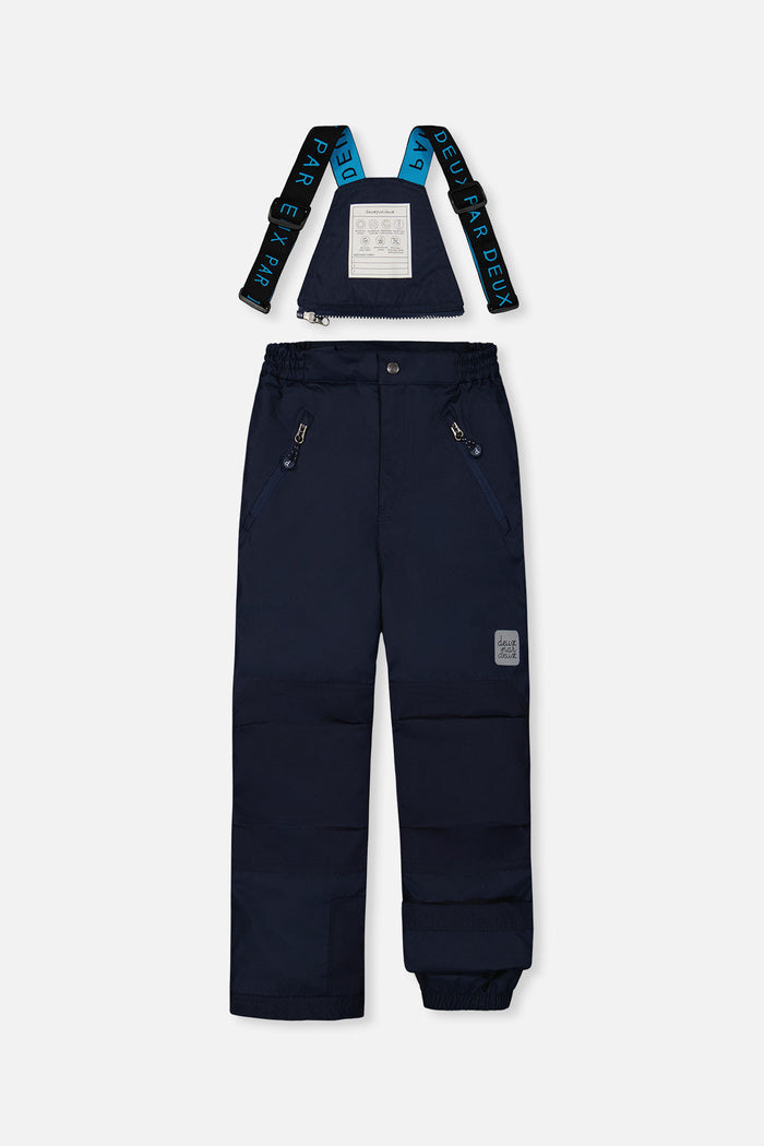 Deux par Deux boys PLAY snowsuit, light and dark blue – navy snow pants, front view with suspenders