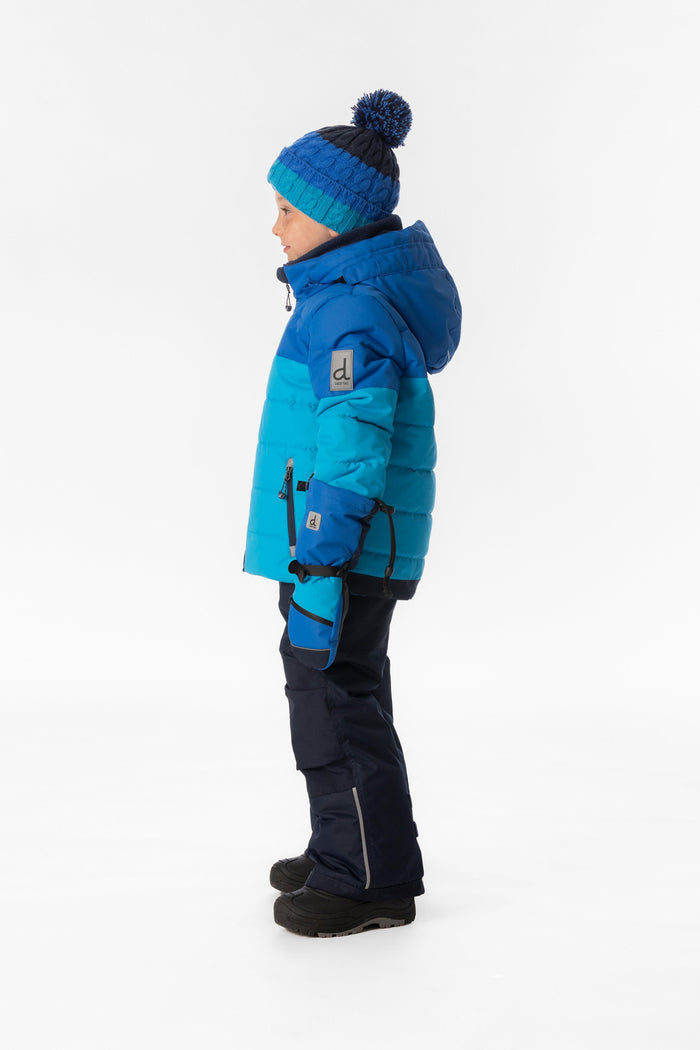 Child wearing the light and dark blue Deux par Deux PLAY snowsuit, side view