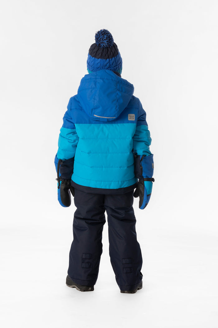 Child wearing the light and dark blue Deux par Deux PLAY snowsuit, back view