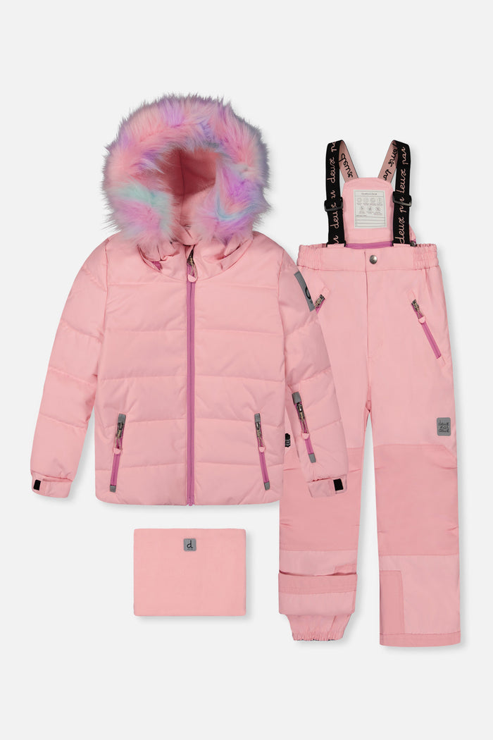 Deux par Deux girls PLAY snowsuit, light pink – jacket and snow pants, front view