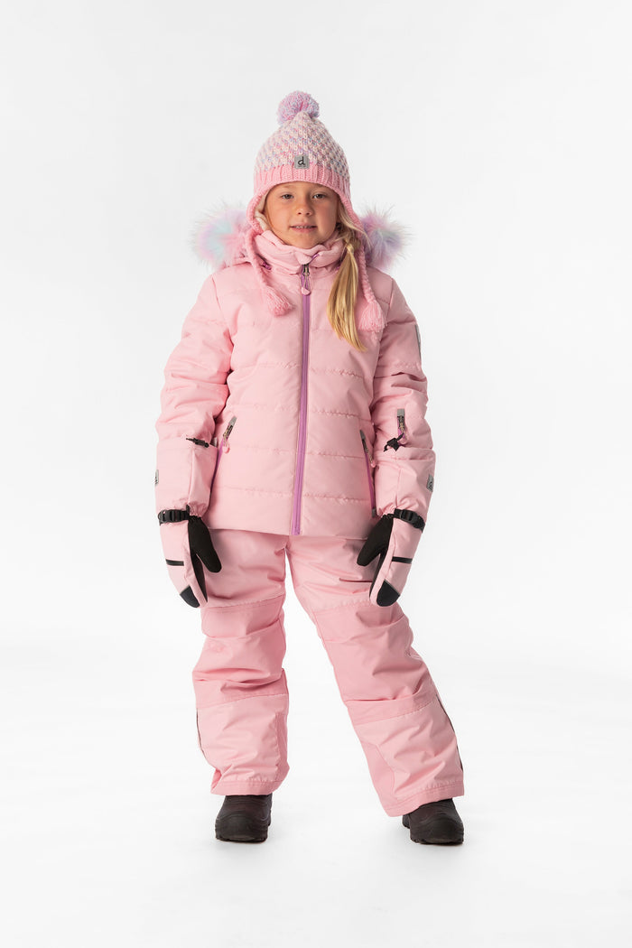 Child wearing the light pink Deux par Deux PLAY snowsuit, full-length front view