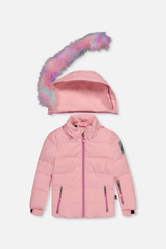 Deux par Deux girls PLAY snowsuit, light pink – jacket front with the faux-fur-trimmed hood detached