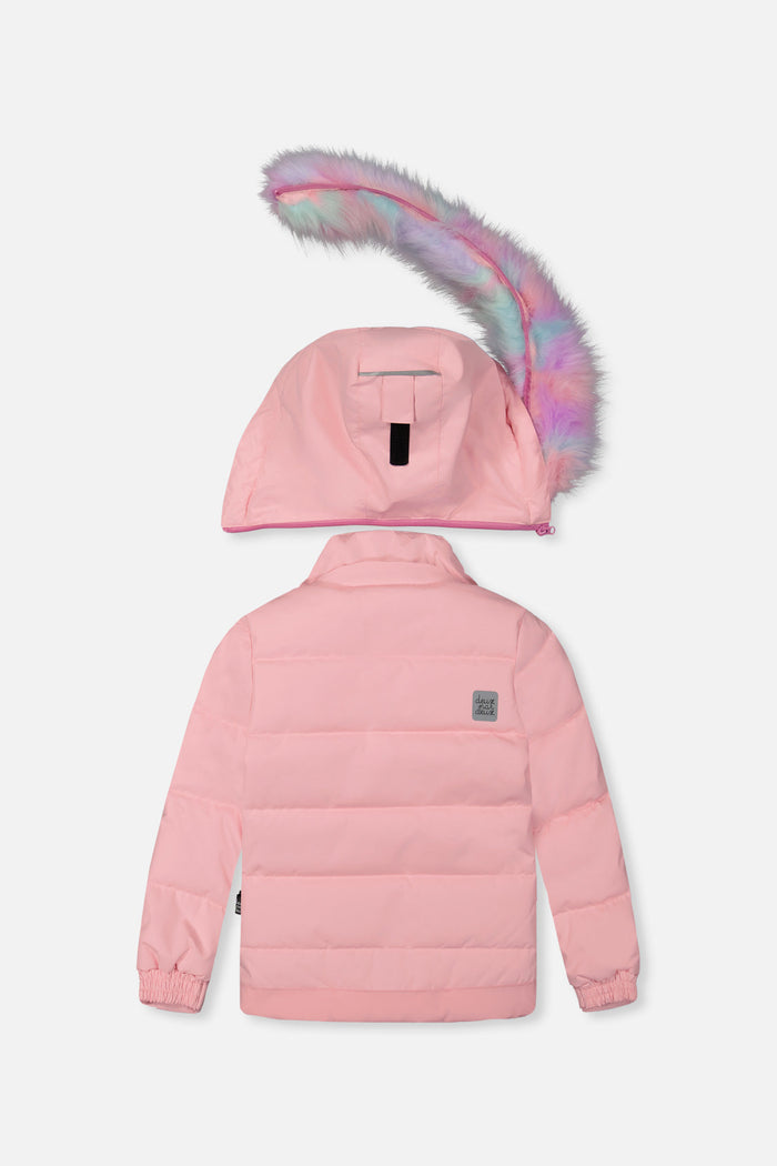 Deux par Deux girls PLAY snowsuit, light pink – jacket back view with hood