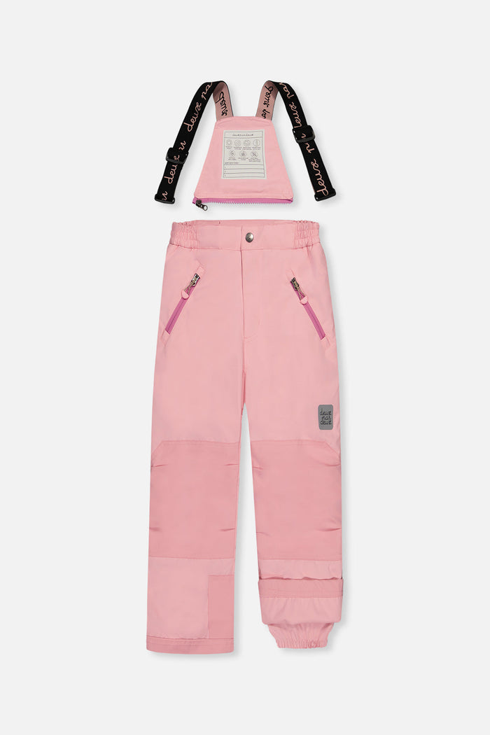 Deux par Deux girls PLAY snowsuit, light pink – light pink snow pants, front view with suspenders