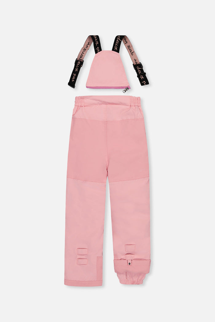 Deux par Deux girls PLAY snowsuit, light pink – light pink snow pants, back view with suspenders off