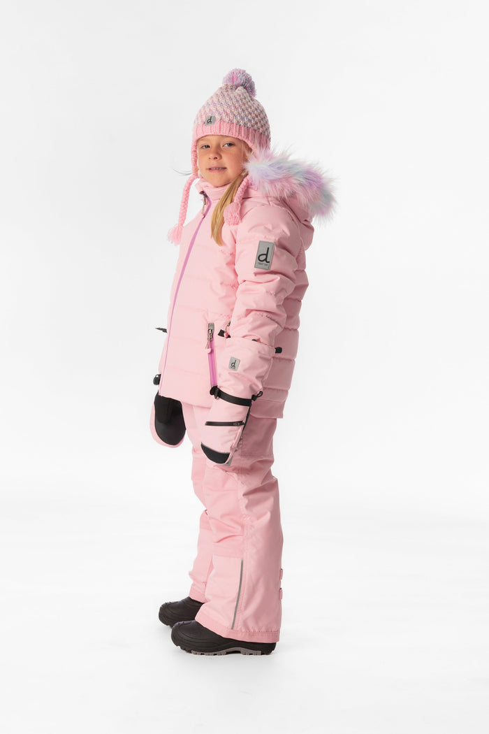 Child wearing the light pink Deux par Deux PLAY snowsuit, side view