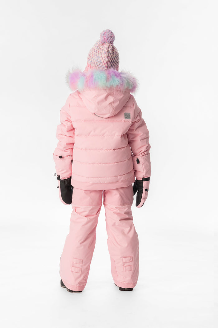 Child wearing the light pink Deux par Deux PLAY snowsuit, back view