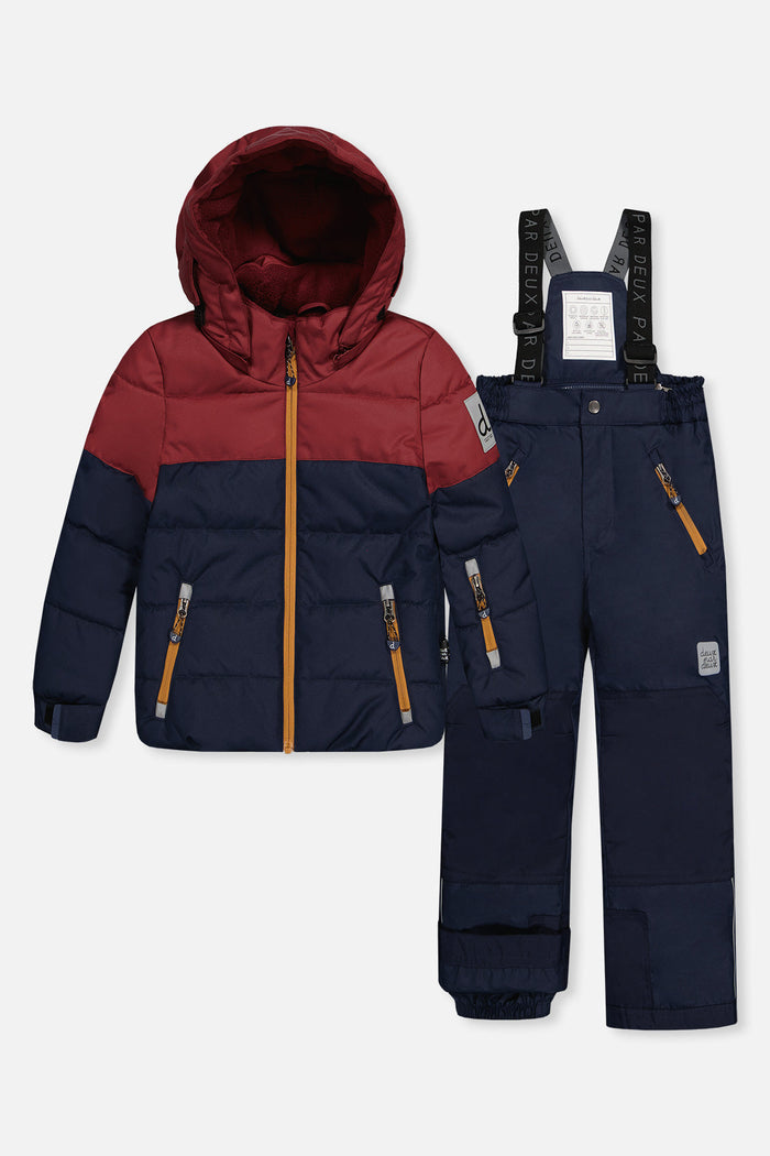 Deux par Deux boys PLAY snowsuit, navy and burgundy – navy and burgundy jacket and navy snow pants, front view