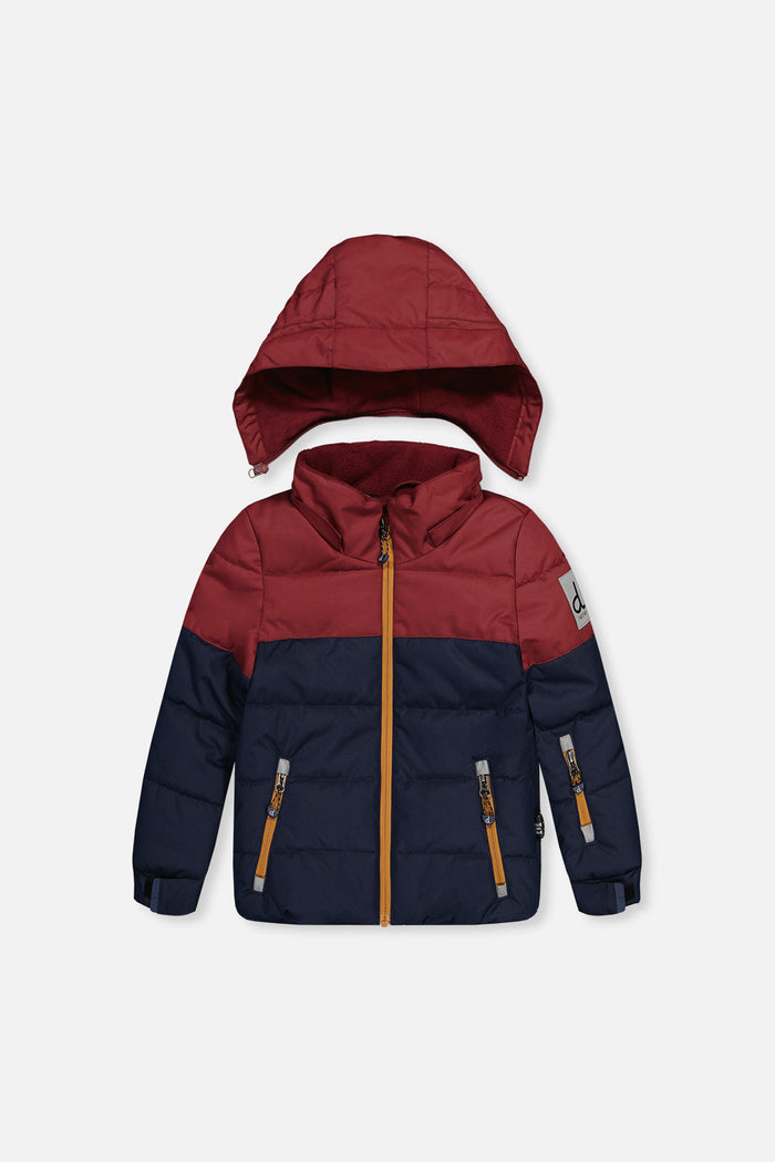 Deux par Deux boys PLAY snowsuit, navy and burgundy – jacket front with the hood detached