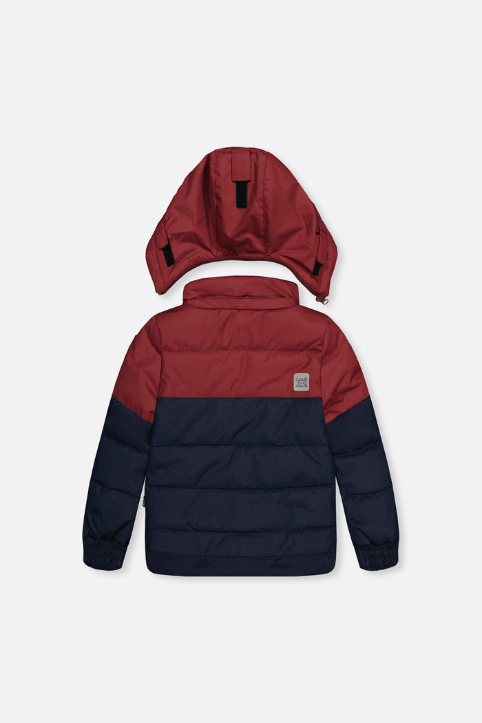 Deux par Deux boys PLAY snowsuit, navy and burgundy – jacket back view with hood