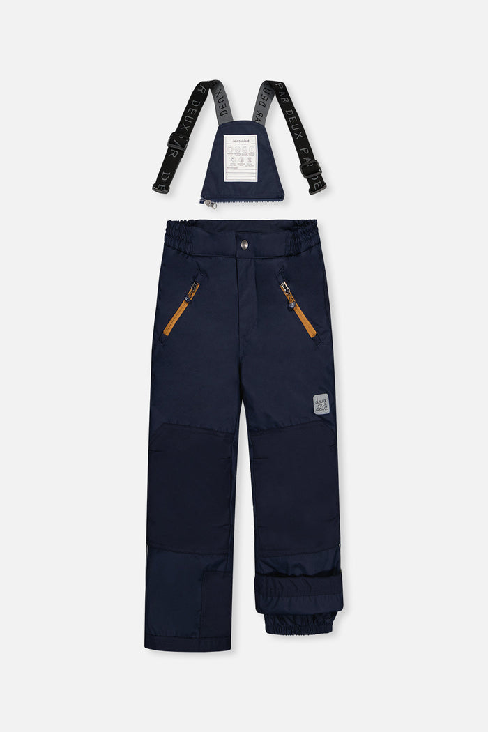 Deux par Deux boys PLAY snowsuit, navy and burgundy – navy snow pants, front view with suspenders