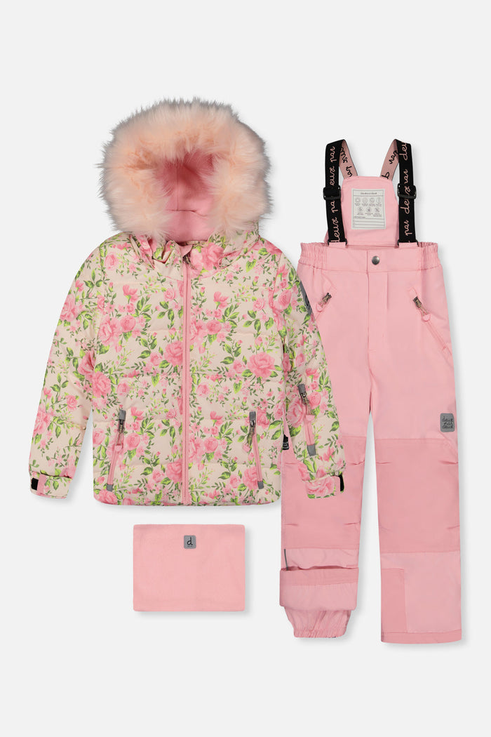 Deux par Deux PLAY girls two-piece snowsuit: pink mini flower print jacket, pink snow pants and fleece neckwarmer, front view