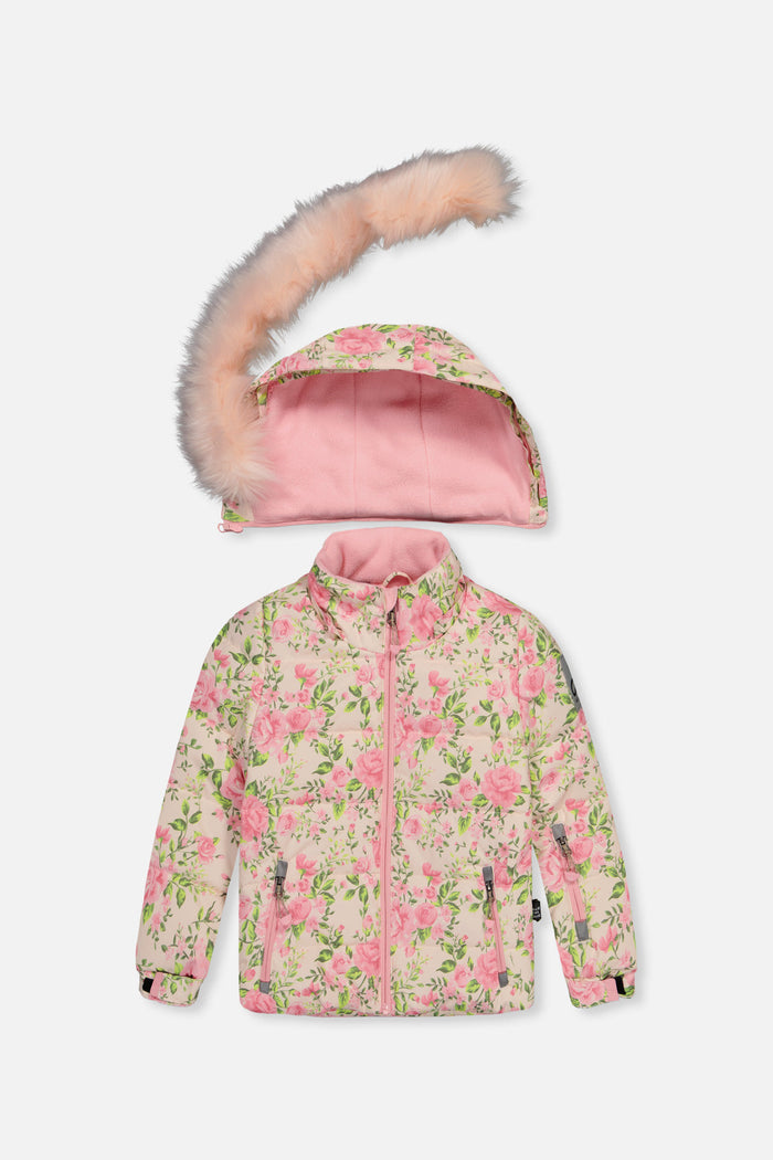 Pink mini flower print PLAY jacket, front view with the detachable faux-fur trimmed hood