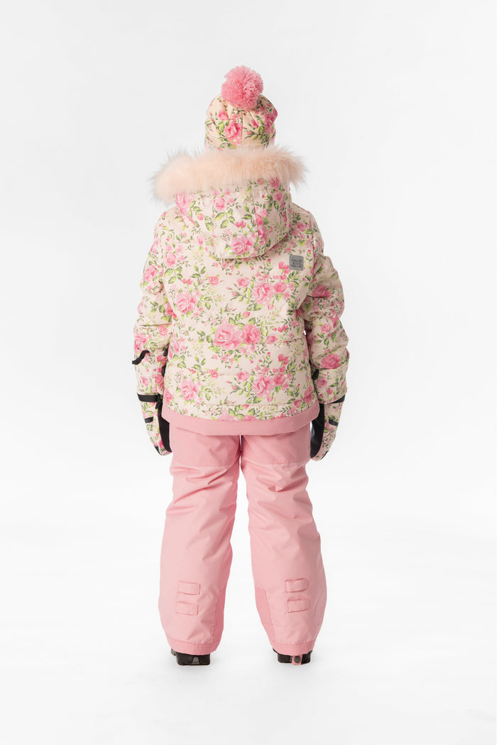 Back view of a child wearing the pink mini flower Deux par Deux PLAY snowsuit