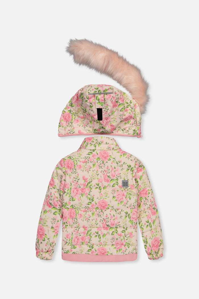 Back of the pink mini flower PLAY jacket and hood with faux-fur trim