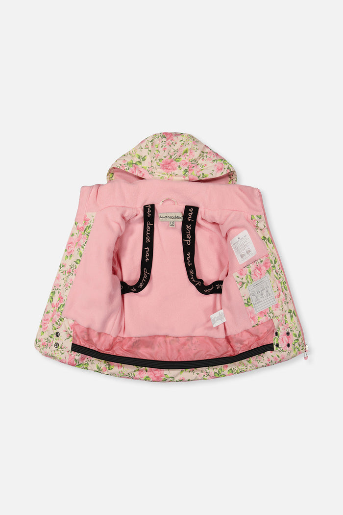 Pink mini flower PLAY jacket opened to show the fleece lining and inner backpack straps