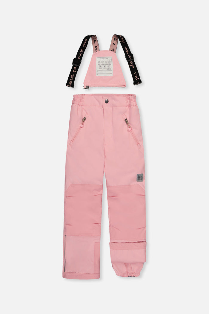 Pink snow pants for the PLAY snowsuit, front view with suspenders and reinforced knees