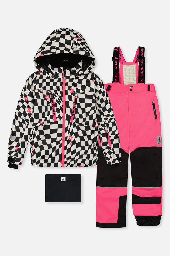 Deux par Deux TEKNIK girls two-piece snowsuit: wavy checkered jacket with pink zippers and bright pink snow pants, front view