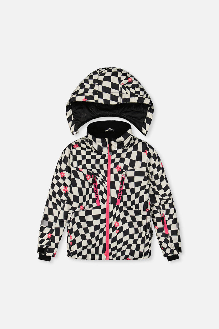 Black and off-white wavy checkered TEKNIK ski jacket with pink zippers, front view