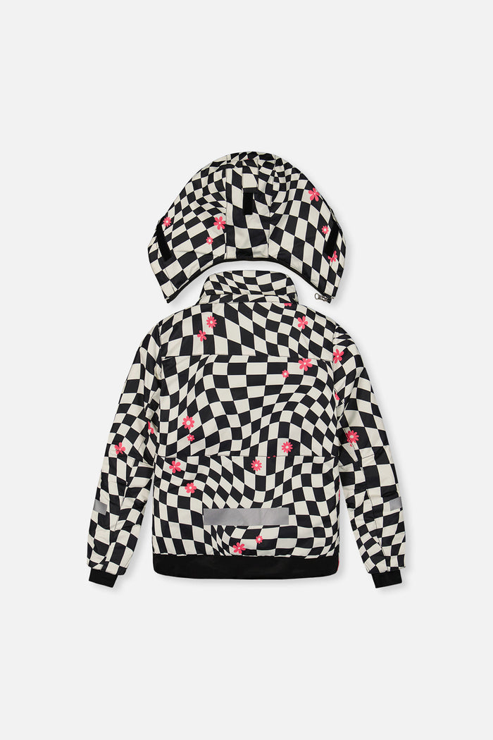 Back of the checkered TEKNIK jacket and hood with reflective band