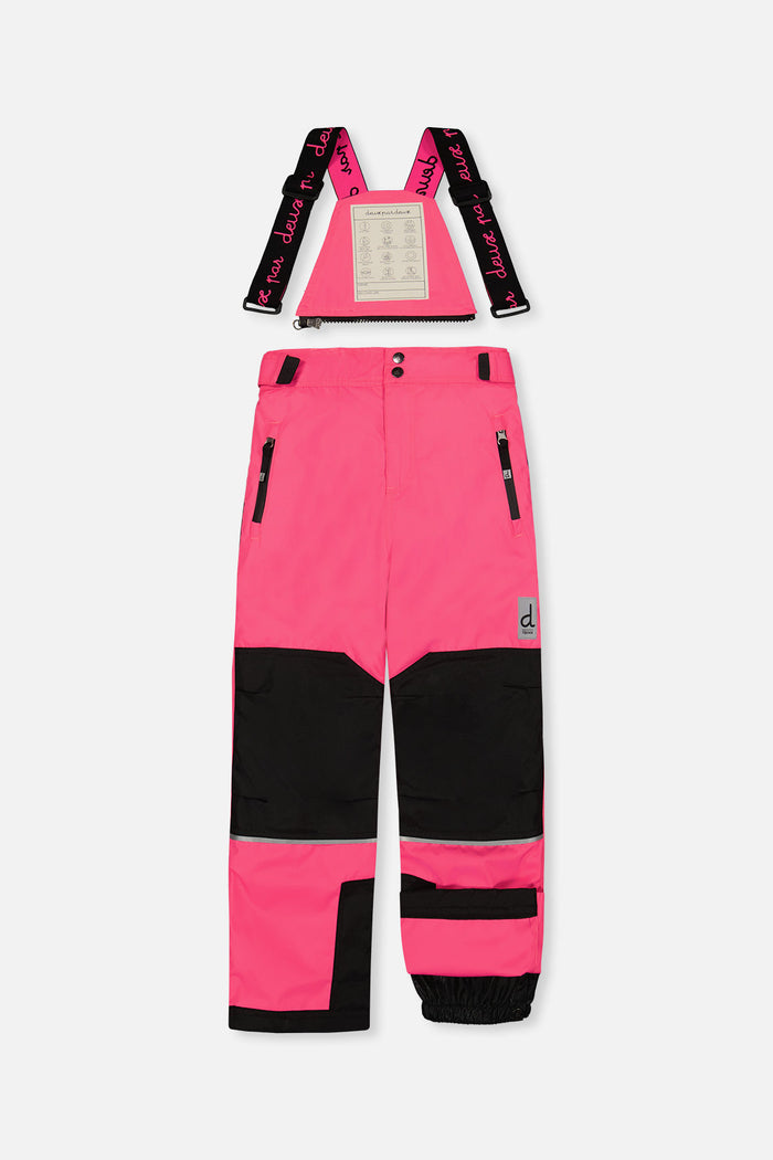 Bright pink TEKNIK snow pants with suspenders and black knee panels, front view