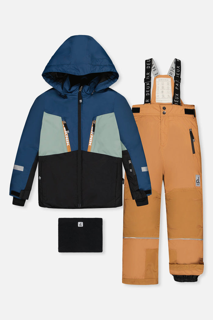 Deux par Deux TEKNIK boys two-piece snowsuit: navy, pale green and black jacket with tan snow pants, front view