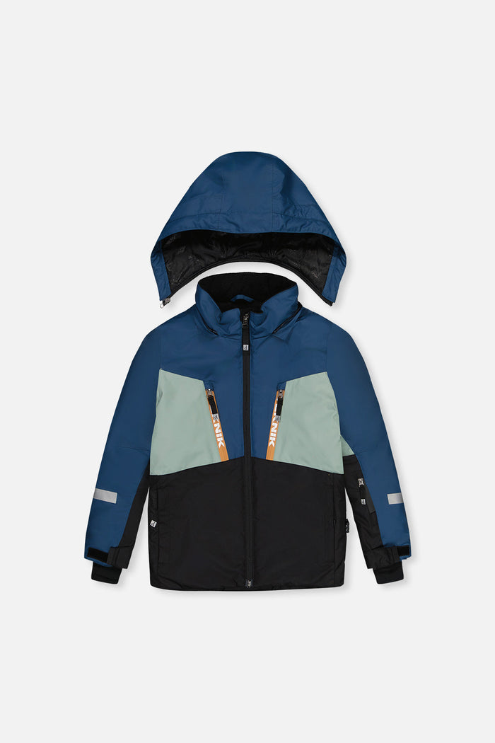 Navy, pale green and black color-block TEKNIK ski jacket, front view with hood