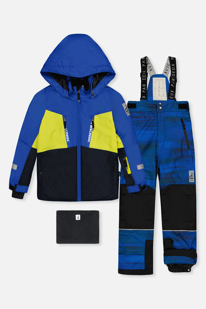 Deux par Deux boys' TEKNIK two-piece snowsuit in royal blue and yellow, front view