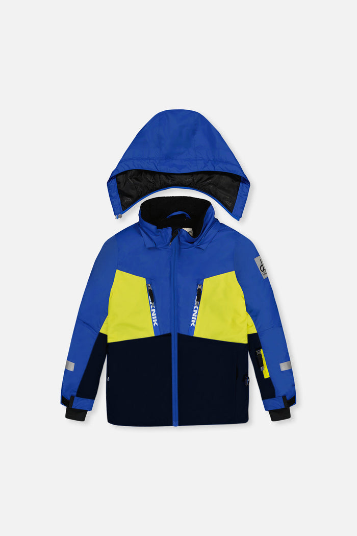 Royal blue and yellow TEKNIK ski jacket, front view with hood