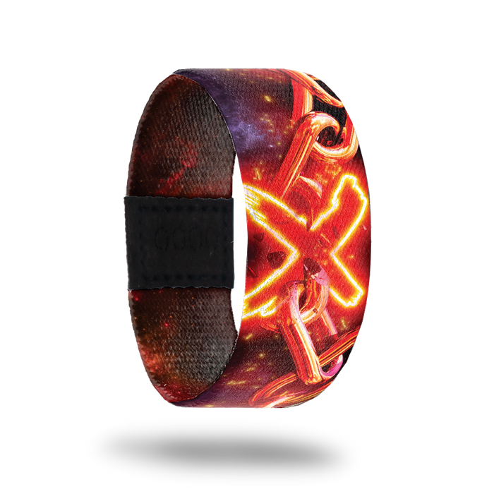 Outside design for Unbound. Dark background with realistic chain across the design with a neon "X" through the chain at the center