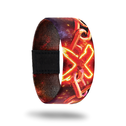 Outside design for Unbound. Dark background with realistic chain across the design with a neon "X" through the chain at the center
