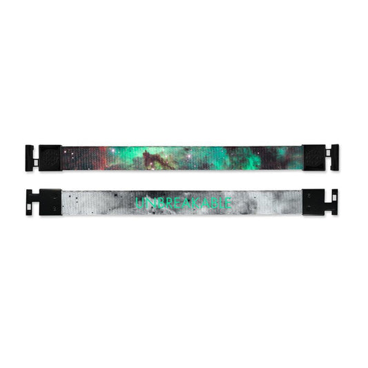 Shows outside and inside design for Unbreakable imperial with black aglet clasps. Top is the outside design, a dark space with green and a little red. Bottom is the inside design, with a smoky grey background and Unbreakable centered in teal text