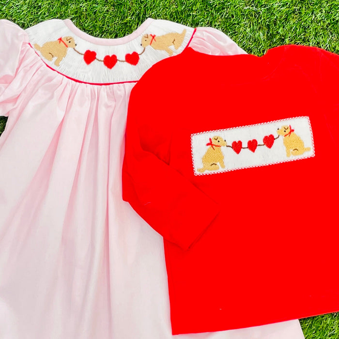 Valentine Smocked Dress - Red Hearts and Puppies!
