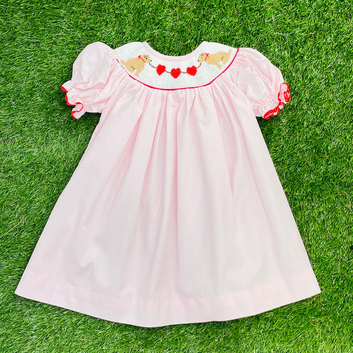 Valentine Smocked Dress - Red Hearts and Puppies!