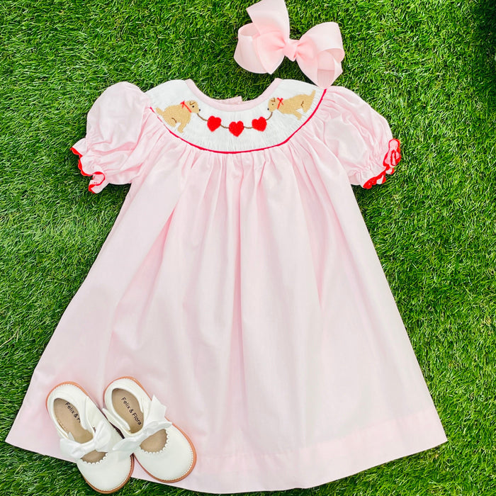 Valentine Smocked Dress - Red Hearts and Puppies!