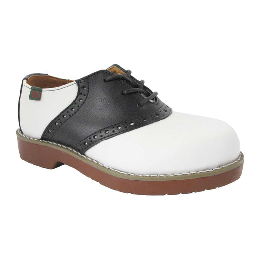 A girl's varsity saddle shoe with black and white leather and a brown non-marking rubber outsole.