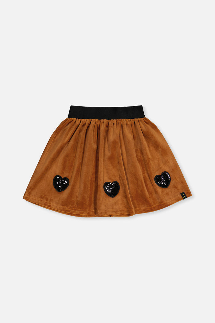 Deux par Deux girls' brown velvet mini skirt with heart sequin hem, front view