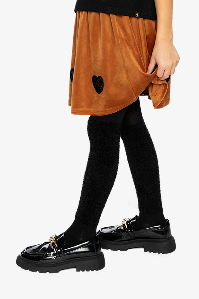 Lookbook: child in the brown shimmer velvet mini skirt by Deux par Deux