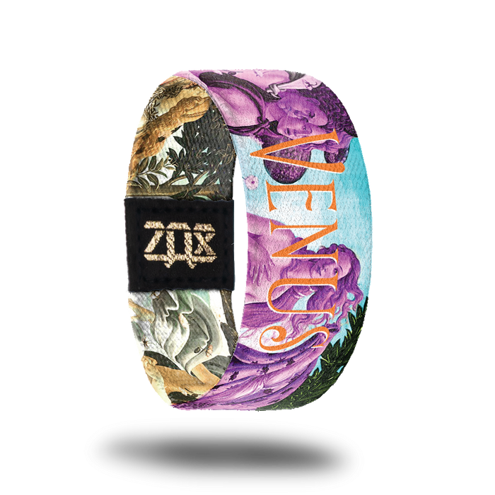Outside image for Venus. Part of The Birth of Venus by Italian artist Sandro Botticelli with a purple layer over the design. Centered is Venus in orange text