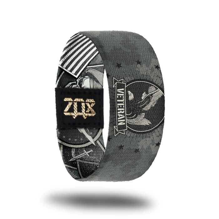 product photo of the inside design of a wristband made for Veterans, the design features various symbols used for branches of the military