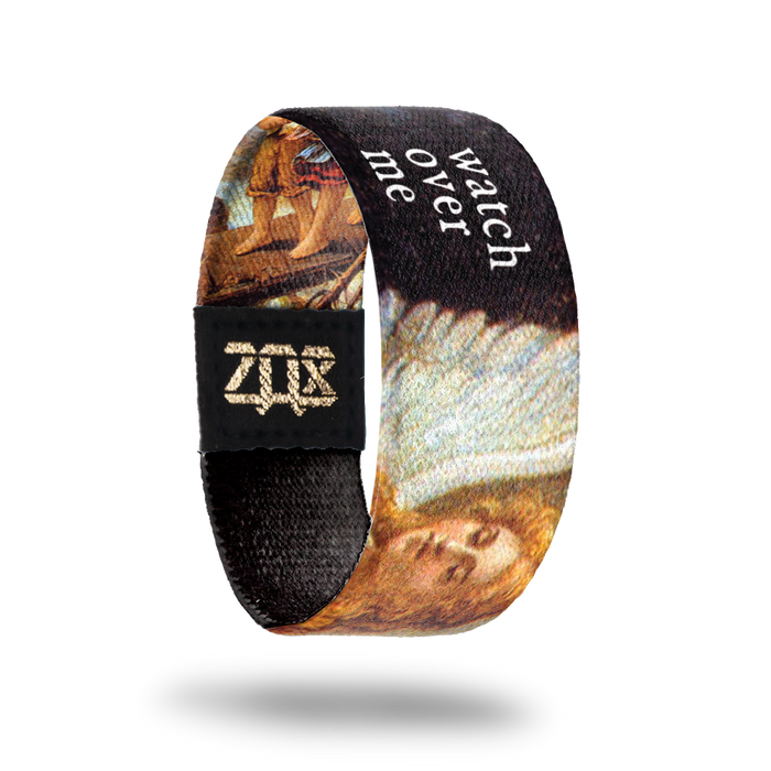 Inside design for Watch Over Me. Black background with a painted angel face with a wing and Watch Over Me in white text