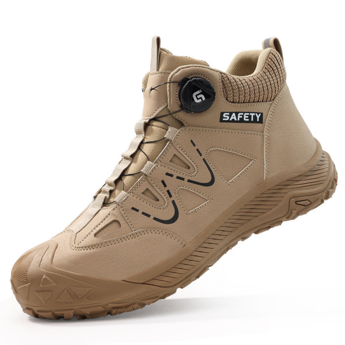 Side profile of SafeStep PRO khaki safety sneakers, showcasing the quick-lacing rotary dial, waterproof microfiber upper, and rugged anti-slip sole.
