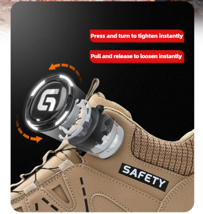 A close-up technical diagram of the SafeStep PRO quick-lacing system, showing how to press and turn to tighten or pull to loosen instantly.