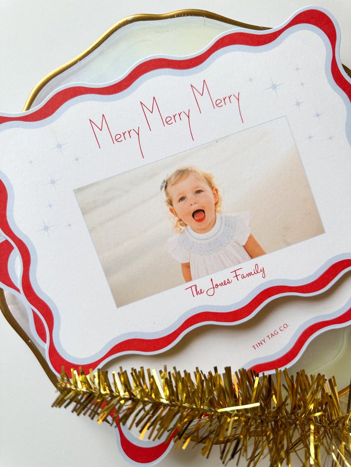 Wavy Merry Merry Merry Christmas Christmas Card (blue + apple)