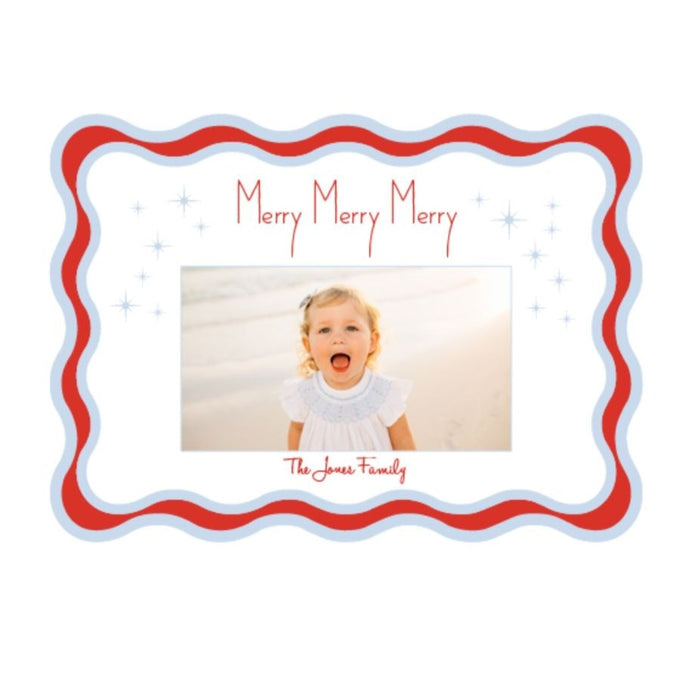 Wavy Merry Merry Merry Christmas Christmas Card (blue + apple)