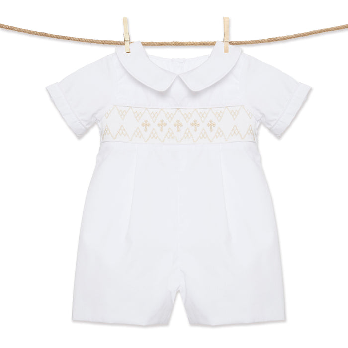 White and Cream Cross Smocked Shortall for Boys