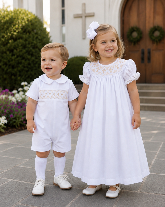 White and Cream Cross Smocked Shortall for Boys