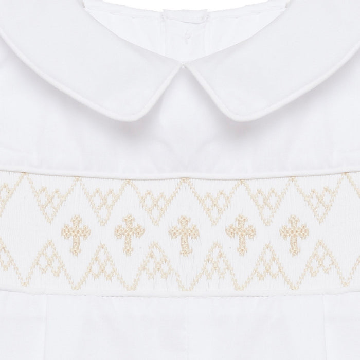 White and Cream Cross Smocked Shortall for Boys