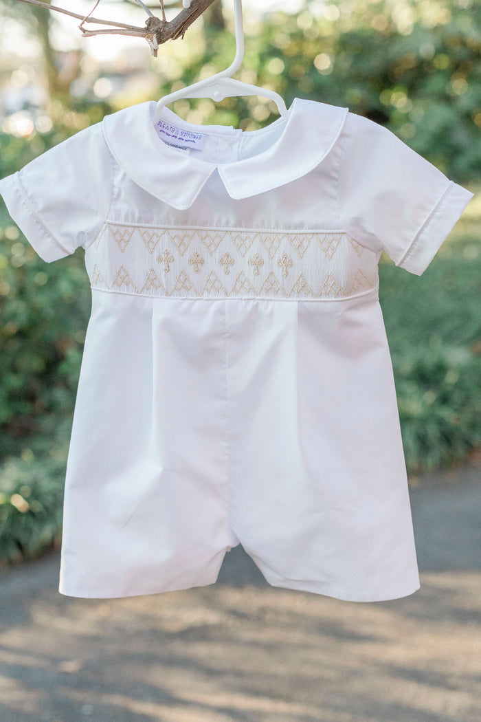 White and Cream Cross Smocked Shortall for Boys