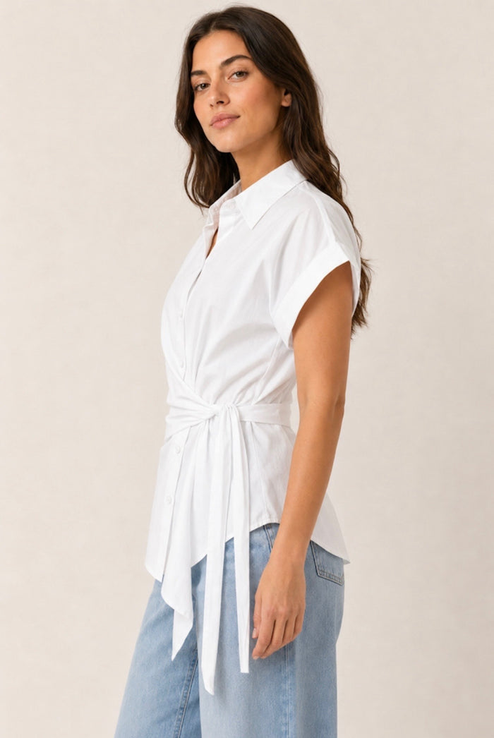 White Cotton Side Tie Waist Shirt